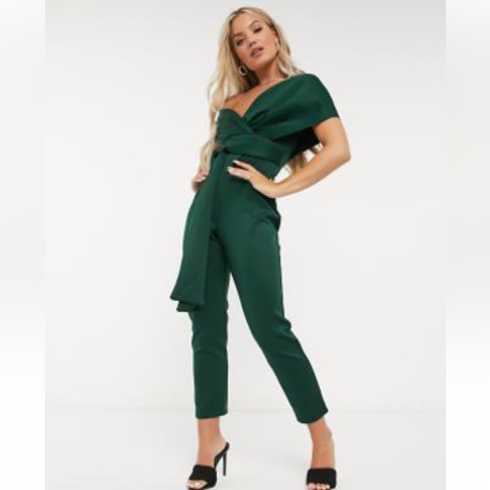 ASOS DESIGN fallen shoulder scuba jumpsuit in forest green